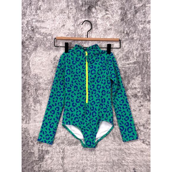 New Mini Boden Swimsuit 5-6 Years Kids Girls Long Sleeve Green Leopard Rashguard